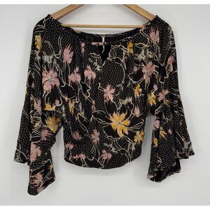 Free People Last Time Floral Printed‎ Draped Bell Sleeve Top Black Women's XS